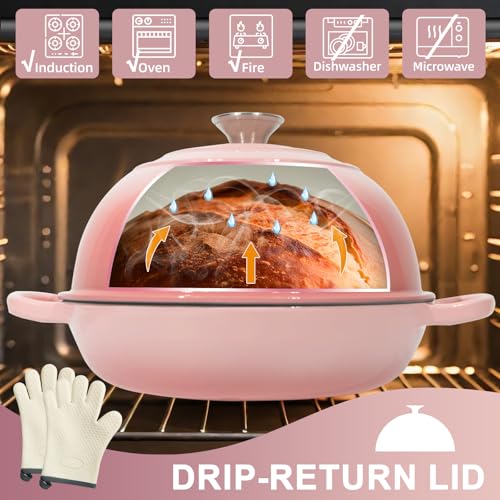 Gusseisen Topf Brot Backen,5,7L Bräter Emaille Schmortopf mit Deckel und Griffen,26 cm Dutch Oven,Brotbacktopf mit Gärkorb,Schmortopf Gusseisen Topf für Küche Backen Schmoren & Braten (Rosa) 3