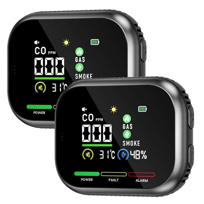 2 Packs 6-in-1 Carbon Monoxide Detectors Plug in, Natural Gas Detector,Smoke Alarm with Battery Backup, HD Digital Screen for CO, Gas, Temp, Humidity,Smoke