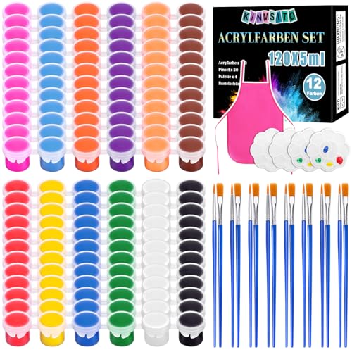 Kinmsito Juego de 145 pinturas acrílicas, mini pinturas acrílicas para niños y adultos, juego de colores acrílicos lavables con 5 ml cada uno con 12 colores, 20 pinceles, 4 paletas y delantales