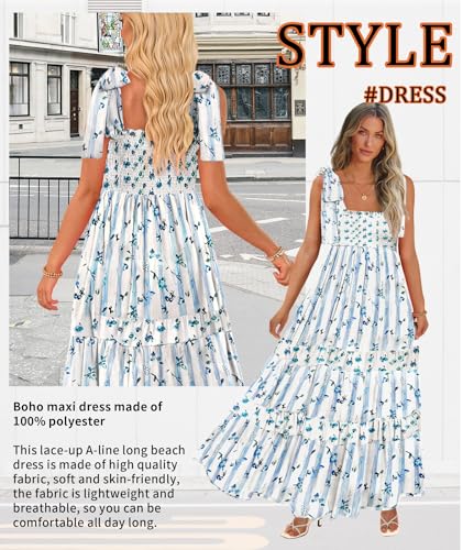 Image of CURBODO Women's Summer Maxi Dress Boho Spaghetti Straps Casual Long A-line Smocked Beach Dress Square Neck Flowy Sun Dress