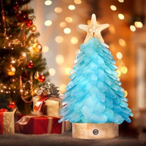 Blue Sea Glass Christmas Tree - Handcrafted Mini Christmas Tree with LED Lights, Table Centerpiece - Ideal for Christmas, New Year, Home Decor, Coastal Holiday Decor and More