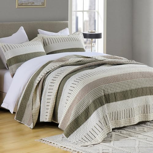 Image of PANGUSHAN 100% Cotton Quilt Set Queen Size, Patchwork Queen Quilt Bedding Set Bedspreads, Farmhouse Lightweight Comforter Reversible Quilt, Queen Bed Spread for All Season, Green /Brown /Cream