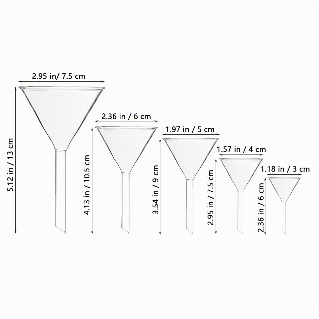VILLCASE 5 Stück Labor Trichter, Glastrichter, Transparent Borosilikat Glas Mini Trichter, 30mm, 40mm, 50mm, 60mm, 75mm Durchmesser, Ideal für Chemie Experimente und Flüssigkeiten