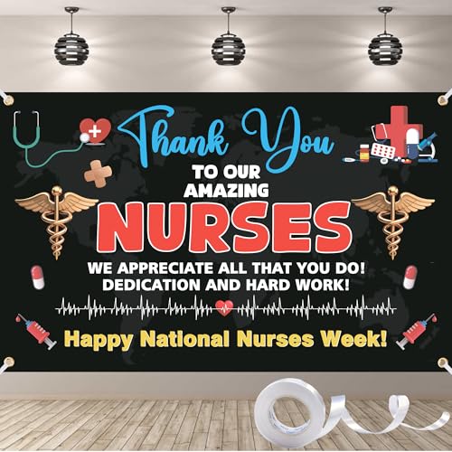 PURYOUNY Nurse Appreciation Week Banner Thank You Nurses Backdrop with Ribbon & 4 Brass Grommets for Nurses Week National Nurse Day Medical Graduation Hospital Office Party & Photo Booth Decorations
