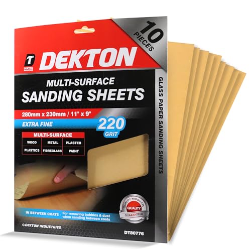 Dekton 10pc Extra Fine Sanding Sheets, 230mm - 220 Grit | Ideal for Multi-Surface Sanding | Heavy-Duty Performance on Wood, Metal, Plaster, Plastics & Paint