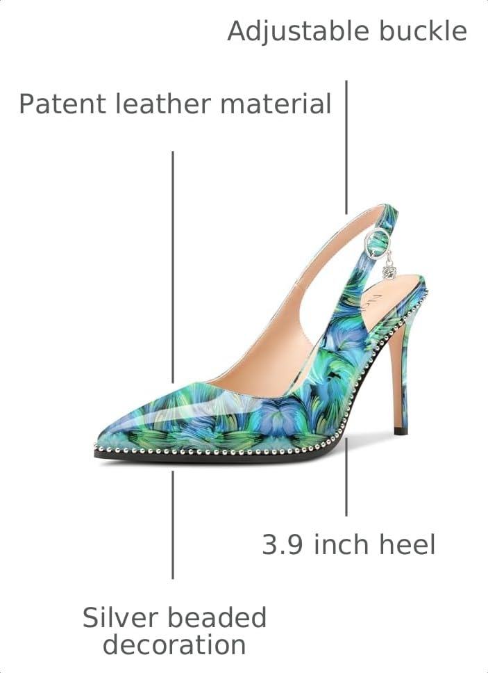 Image of NobleOnly Slingback Beaded Pumps for Women High Stiletto Heel Pointed Toe Slip-on Dress Sandals Adjustable Buckle Rhinestone Patent Leather 3.9 Inches Heels