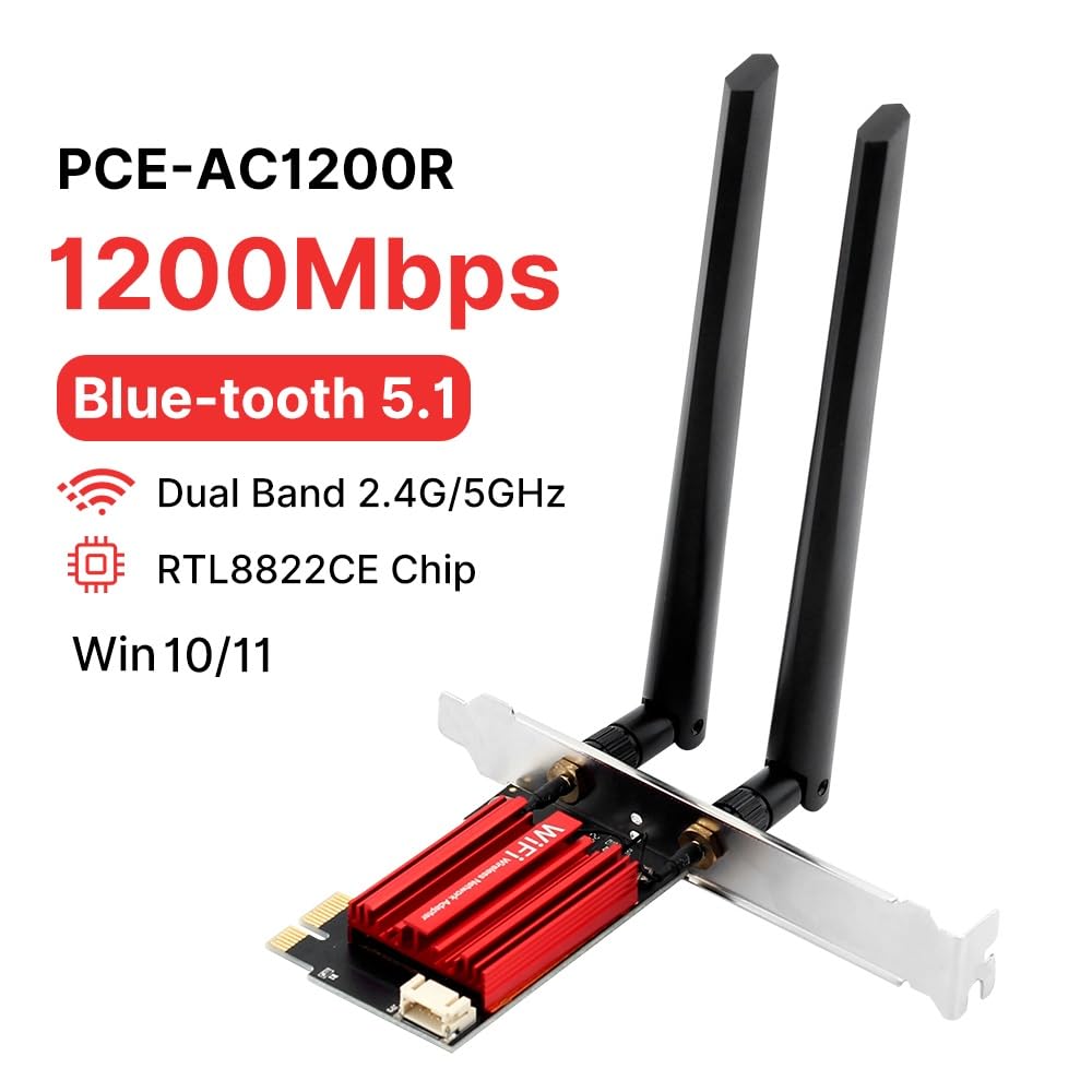 Tarjeta de red PCIe AC1200 de doble banda para escritorio con Bluetooth 5.1, compatible con Windows 10/11, transmisión de oficina para juegos, 2 antenas de alta ganancia