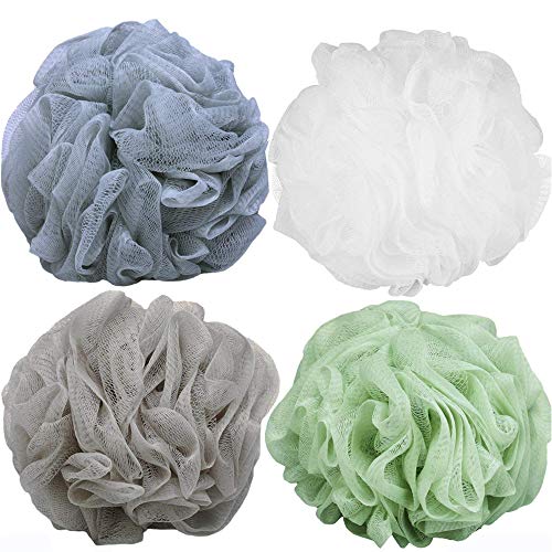 TEEROVA 4 Pack Bath Shower Sponge Loofahs Body Scrubber Mesh Pouf Bath Ball with Hang Rope Bathroom Accessories