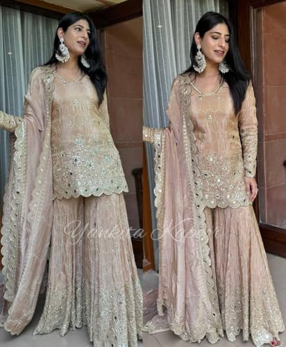 Image of Embroidered Sharara Set, Beige, Net Fabric, Sequin Work, 3-Piece Suit with Dupatta (IN, Alpha, L, Regular)