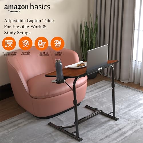 Image of Amazon Basics | Work Easy | Height Adjustable Laptop Table with Footrest | Adjustable Table Top Angle | Alloy Steel | Rustic Amber | 75 cm - H, 60 cm - L, 44.5 cm - W