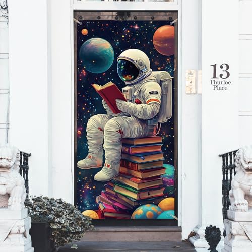 arricraft 1 cubierta de puerta de poliéster para lectura espacial, astronautas leyendo en libros, telón de fondo para puerta, porche, fondo de fotografía para porche escolar, accesorios de decoración