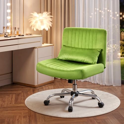 Image of Warmiehomy Criss Cross Desk Chair with Wheels, Velvet Cross Legged Office Chair for Home Office, Adjustable Swivel Wide Seat Computer Chair, Morden Vanity Chair, Glass Green