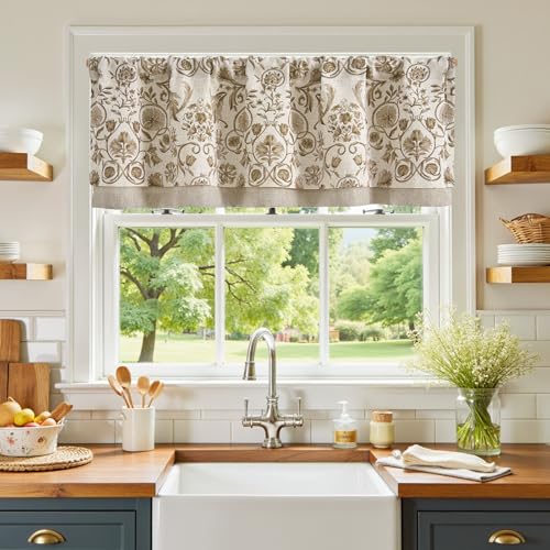 Vangao Rideau de cuisine double couche en lin de 40,6 cm pour salon, chambre à coucher, salle de bain, café, traitement de fenêtre vintage rustique avec...