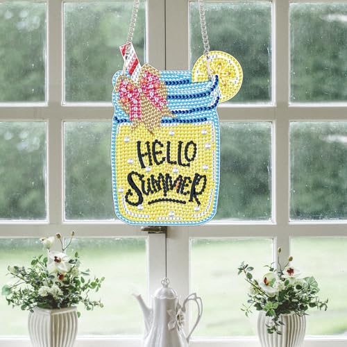 Image of AiYuanzsh Hello Summer Diamond Painting Hanging Kit, DIY 5D Jar Lemon Drink Sign Ornament, Diamond Art Hanging for Adults, Door or Wall Summer and Holiday Decoration, Handmade Crystal Art Gift