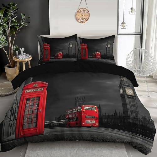 HATEGE Housse de Couette 135x200 Londres Parure de Lit Réversible Autobus de Londres 3D Housse Couette Microfibre Ensemble de Literie 2 Taies d'oreiller 80x80...