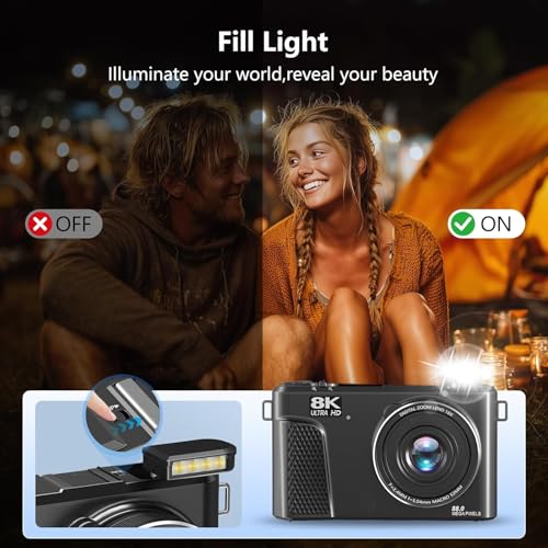 Image of 8K Digital Camera, 88MP Vlogging Camera for YouTube /Photography with 3 inch 180 Flip Screen, Fill Light, WiFi, Filters, Beauty Features Includes 32GB SD Card & 2 Batteries (CAM19)
