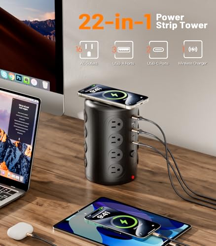 Image of Power Strip Tower Surge Protector, TenTrend 16 Outlets and 5 USB Ports (2 USB-C), 2000 Joules Charging Station, 15FT Flat Plug Extension Cord for Home Office Dorm Room Essentials, Black