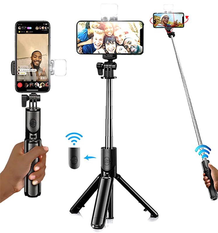 VICSelfie Stick Tripod Quadrapod, Onboard Light, Wireless Bluetooth Remote, Extendable, 29” Stainless Steel, 3 Brightness Levels, Compatible with All iPhone & Android Devices