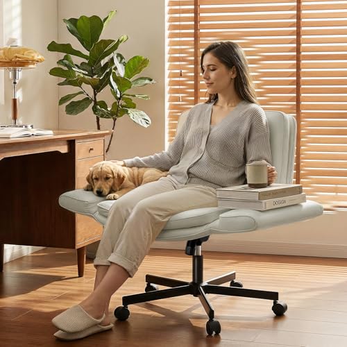 Ckaff Bürostuhl Ergonomisch mit 5-Stufig Verstellbare Armlehnen, Schreibtischstuhl mit Breitem Sitzkissen, PU Leder Schneidersitz Stuhl mit Neigefunktion, Höhenverstellbar Drehstuhl, Beige