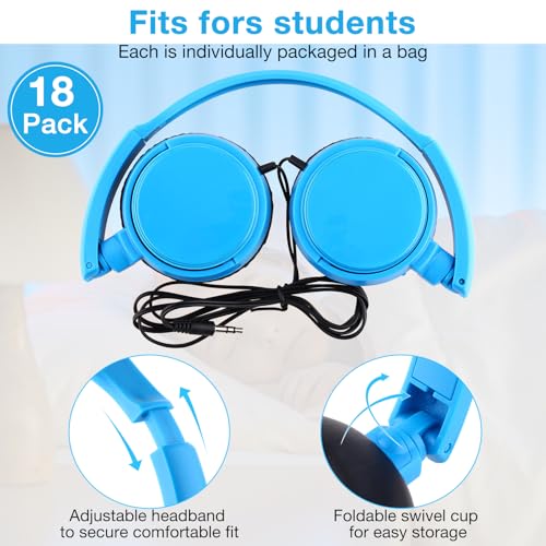 Image of Yunsailing 18 Pack Classroom Headphones Bulk, Wired Headphones,Blue | Student School Supplies, Individually Wrapped, Adjustable, over Ear Head Earbuds, for Laptop PC Computer