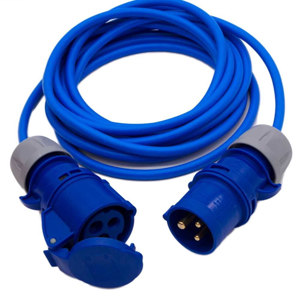 HDIUK Mains Power Hookup Cable IP44 16 Amp CEE Plug to Coupler. Electric Extension Lead Blue - Made in the UK (Length 20 Metres)