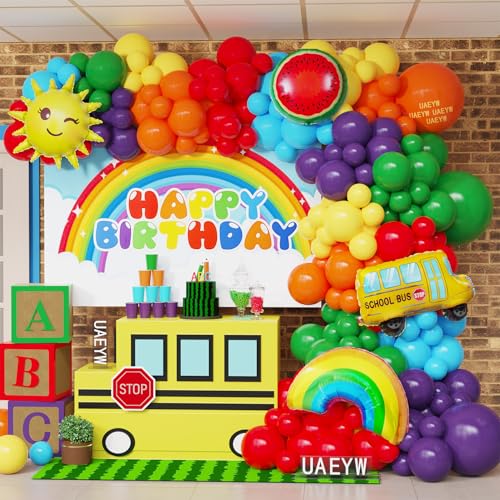 Rainbow Balloon Arch Garland Kit 159pcs Assorted Colors with Watermelon School Bus Rainbow Sun Mylar Balloons for Watermelon Birthday Party Back to School Kindergarten Graduation Decorations