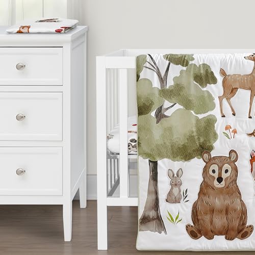 Image of Sweet Jojo Designs Woodland Forest Animals Boy Girl Gender Neutral Unisex Baby Mini Crib Bedding Set Infant Nursery Room Newborn Blanket Portable Pack n Play Sheets 3p Bear Fox Hedgehog Deer Squirrel