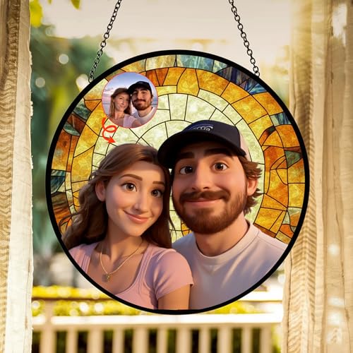 Personalized Couple Glass Cartoon Portrait Suncatcher, Custom Photo Art Window Hanging, Stained...