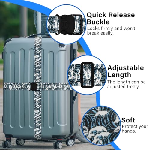 Image of Luggage Straps for Suitcases, Travel Adjustable Belt with Quick Release Buckle, Heavy Duty Nylon Bag Packing Strap, Unique Bright Identifiers Business Travel Accessories (2 Pack) - Blue Wave