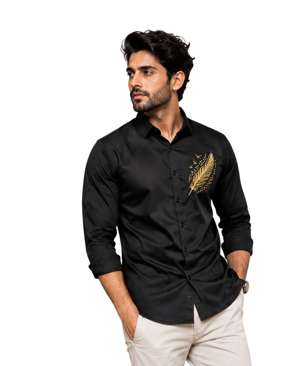 Men’s Black Shirt with Gold Leaf Embroidery – Spread Collar, Cotton Blend, Button Closure-image-37