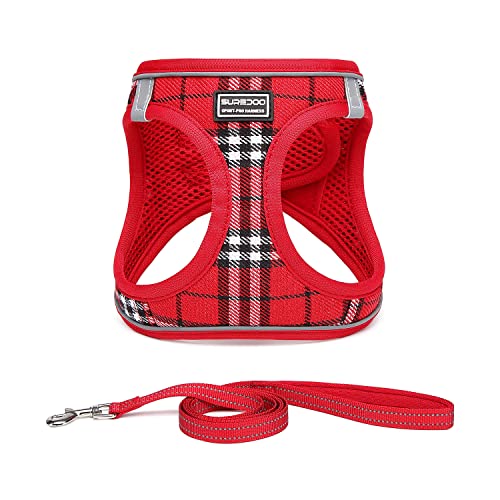 Suredoo Hundegeschirr Kleine Hunde mit Leine, Anti Zug Geschirr Reflektierend Atmungsaktiv Brustgeschirr, Welpengeschirr für Kleine Hunde (Rot Kariert, S, Brust: 29-33cm)
