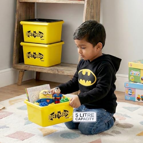 Image of Nayasa Stack N Store Batman, Small, 5 ltrs | DC Superhero Print Plastic Storage Boxes Set of 3 with Lid | Side Handles | Stackable Multipurpose Organizers | Strong & Durable | Yellow