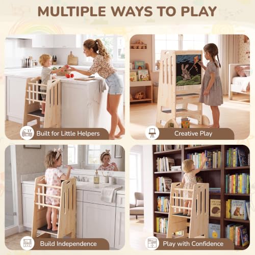 Image of Toddler Tower Kitchen Helper Adjustable Height, Toddler Kitchen Stool with Blackboard, Super Stable Learning Tower with Safety Rails & Soft Non-Slip Pads, Wooden Kids Step Stool(Natural)