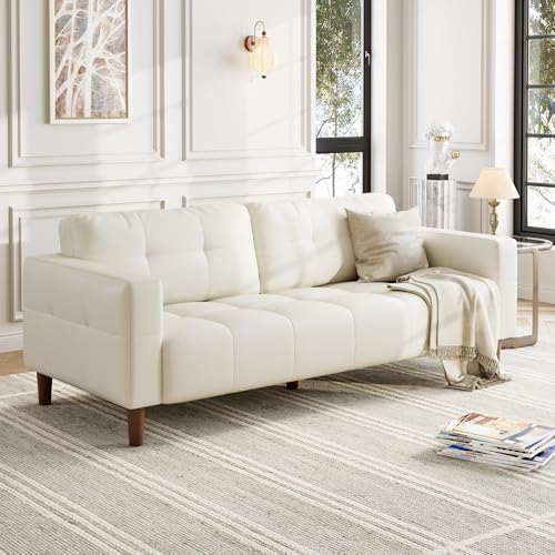 Image of IDEALHOUSE 83 inch Beige Faux Leather Couch, 3 Seater Sofa Couches