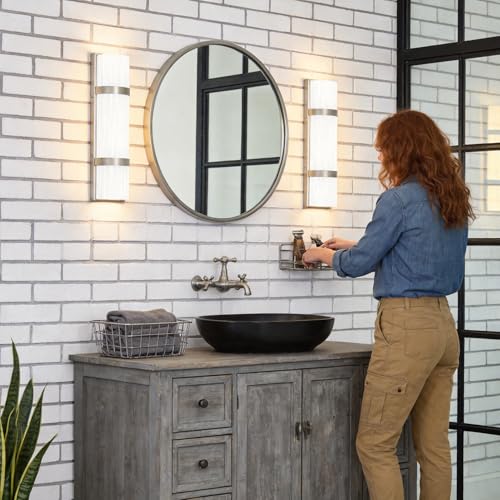 Image of LED Bathroom 16 Inch Vanity Lighting Fixtures | CRI 90 4000K Brushed Nickel Wall Sconce Set of Two with White Frosted Glass Shade | 120V 15W 1200LM Dimmable with Dimmer Switch(not Included)