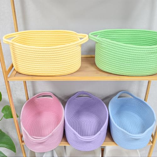 Image of ABenkle Small Basket with Handles, Boho Decorative Rope Woven Dog Cat Toy Storage Bin Shelf Storage Organizer, Easter Christmas Gift Basket, 12 inchx8 inchx5 inch