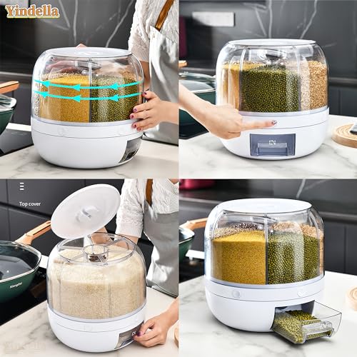 Image of Yindella Big Rice Storage Container Cereal Dispenser for Kitchen Multi 6 Compartment Spice Grain Organizer Bucket Insect & Moisture Proof Sealed Rice Storage Box Rice Jar (Green) (White)