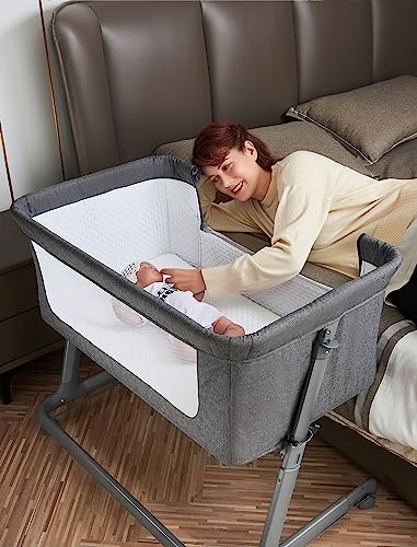 Image of Pamo babe Baby Bedside Bassinet Crib - Adjustable Portable Bedside Sleeper for Infant | Newborn Baby Boy & Girl