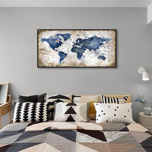 Image of World Map Canvas Wall Art Navy World Maps for Wall Vintage Modern Wall Art for Office Framed Pictures for Living Room Bedroom Wall Decoration for Home Office Decor Artwork for Walls 20x40IN