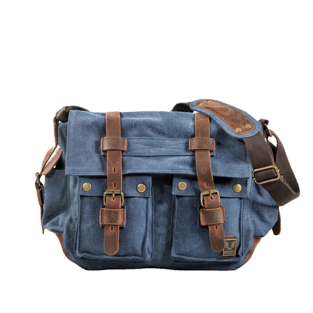 GMKQATG Canvas Leather Men Messenger Bag Satchel Shoulder Laptop Briefcase Travel Handbag for Men, Crossbody Computer Bag (Green), Royal Blue