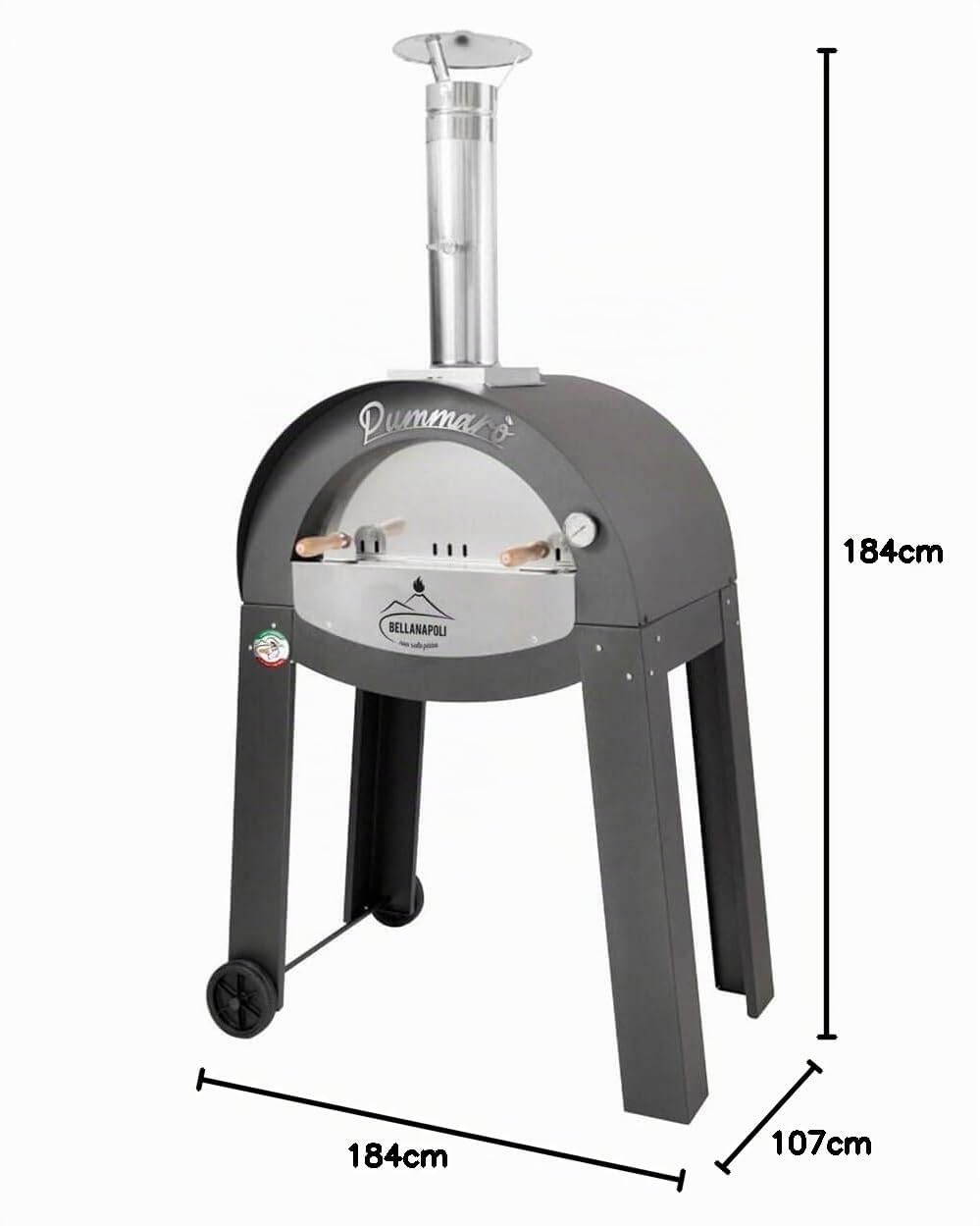BELLANAPOLI - Forno per pizza da esterno professionale per cottura a 2 pizze 400 °C, forno a legna di alta qualità, in acciaio inox, pietra refrattaria, termometro a 2 ruote