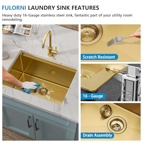 Image of 24 inchx18 inch Undermount Laundry Utility Sink Workstation - Brushed Gold NANO-PVD, 16 Gauge 304 Stainless Steel, 12 Inch Deep Single Bowl Basin for Laundry Room, RV or Utility Use