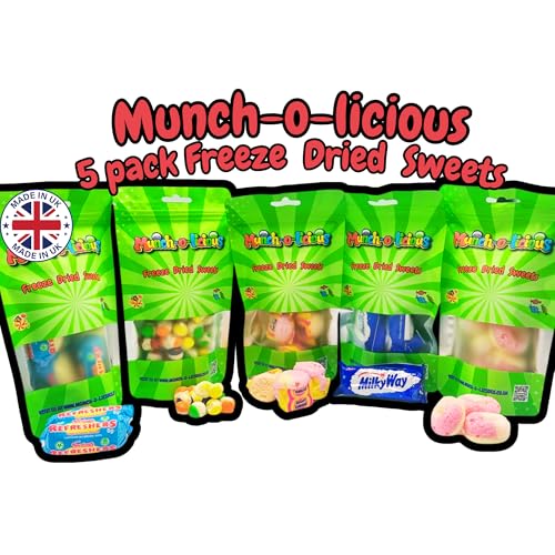 Munch-o-licious Freeze Dried Sweets - 5 Pack Favourite Selection: Mix Fruit Lemon Refresher Chocolate Peach Rings Fruit Salad - Delicious Freeze Dried Candy Treat - Perfect for UK Sweet Lovers