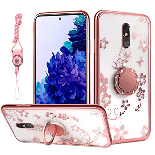Phone Case for LG K40/K12 Plus/X4/Solo LTE/Harmony 3/Xpression Plus 2 for Girls Women Fashion Pink Butterfly Flower Shockproof Anti-Scratch Protection Cover with Ring Kickstand Lanyard - Rose Gold