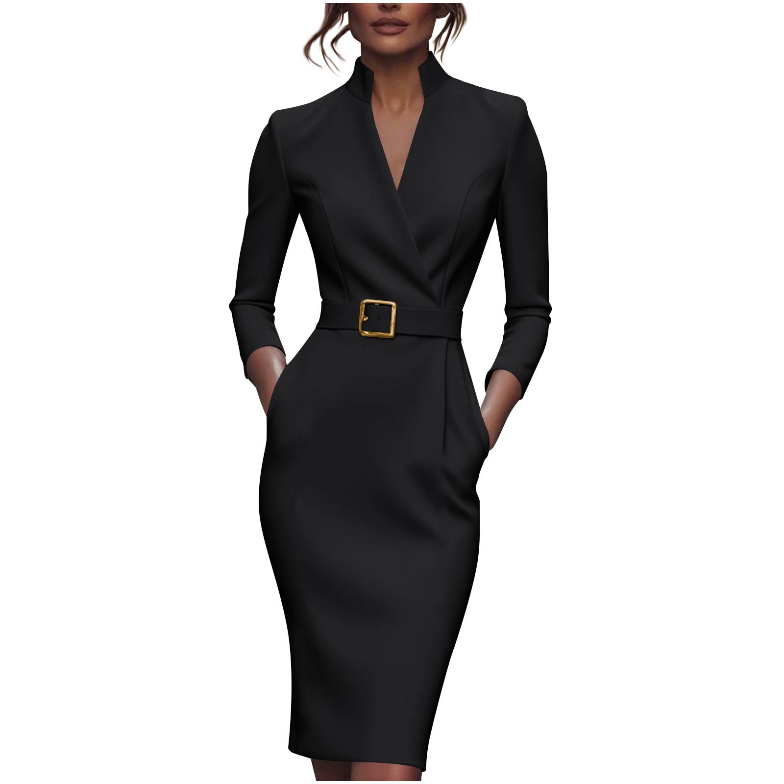 Work Dresses for Women Long Sleeve Business Dress Wedding Guest Elegant Wrap Church Office Sheath Dress with Pockets
