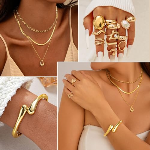 Image of CHICUTIE Gold Jewelry Set For Women,14k Gold Plated Multi Layer Necklaces Bracelets Hoop Earrings Set Stackable Knuckle Rings, Trendy Elegance Charms Non Tarnish Minimalist Textured Boho Jewelry Gift