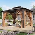 Aoxun 10’x12’ Hardtop Gazebo, Permanent Metal Pavilion with Galvanized Steel Double Roof, Outdoor Pergola with Nettings and Curtains for Lawn, Garden, Patio (Brown)