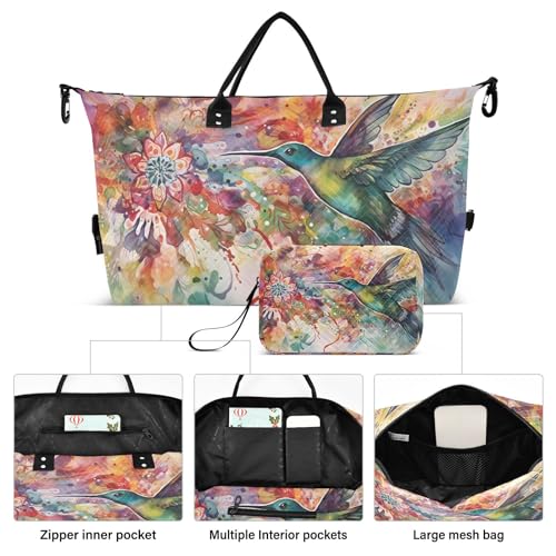 Large Travel Duffel Bag, Doodle Humming Watercolor Sport Tote Gym Bag, Shoulder Weekender Overnight Bag for Women Men, Carry On Luggage with Toiletry Bag2