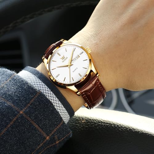 Image of QBAIZI Men's Casual Leather Watch, Easy to Read Three-Hand Analog Stainless Steel Watches for Men, Minimalist Day Date Waterproof Luminous Mens Quartz Wristwatch