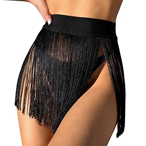 Vioyavo Copri Gonna da Spiaggia Elegante Costume da Bagno Trasparente Gonna Corta da Donna con Nappe Gonna Semi-Coperta per Vacanze al Mare (Nero, S)